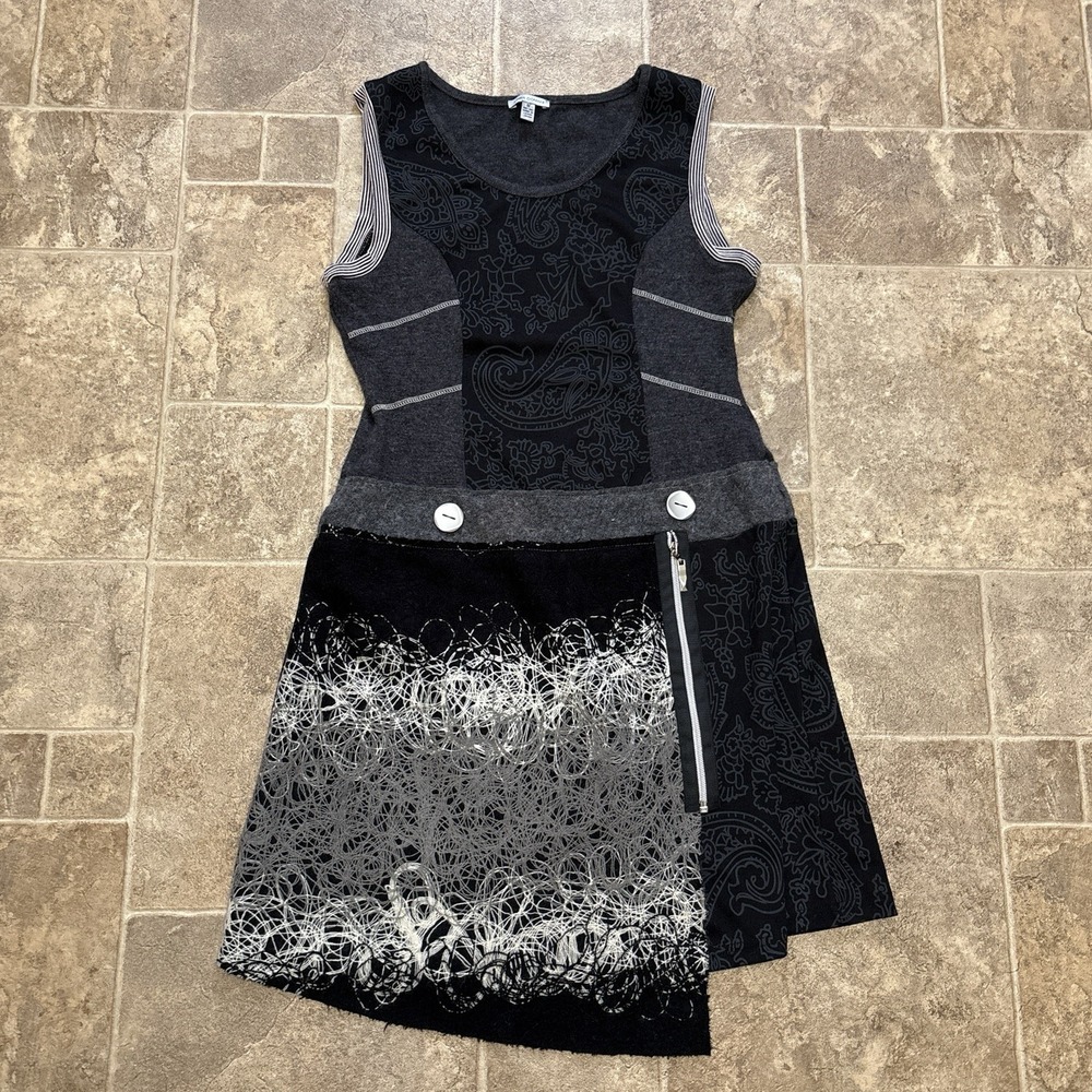 Linea Domani Wool Patchwork Asymmetrical Tunic Dress M Black Gray Art-to-Wear